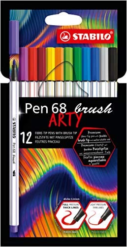 STABILO - Premium-Filzstift mit Pinselspitze für variable Strichstärken - Pen 68 brush - ARTY - 12er Pack - mit 12 verschiedenen Farben