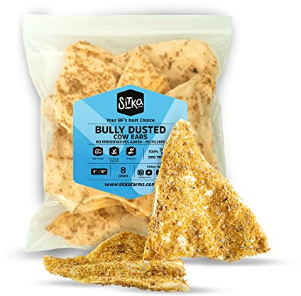 Sitka Farms Bully Dusted Cow Ears for Dogs 8 Count - Premium Rawhide Free Dog Chews - Beef Natural Dog Treats - Doggie Dental Care - Healthy Long Lasting Beef Ear