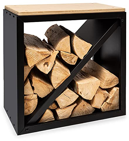 blumfeldt - Rangement pour Bois de Chauffage, Banc, pour l'intérieur et l'extérieur, Planche de Bambou, Carré - Noir