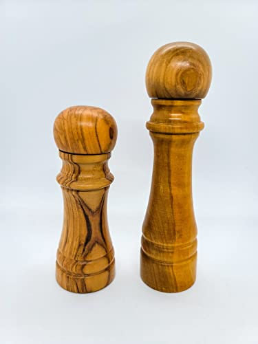 AramediA Wooden Olive Wood Salt and Pepper Mill Set, Pepper Grinders, Salt Shakers with Adjustable Ceramic Rotor- Set of 2; Dim:7 & 9 inches