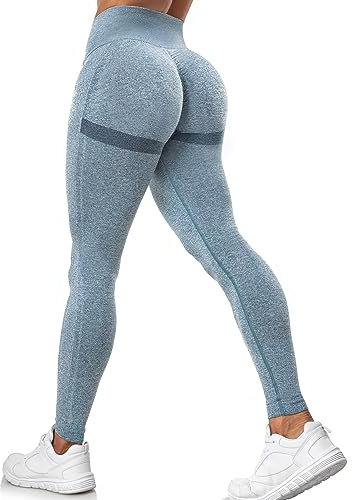 Damen Sport Leggings Lange Blickdicht Yoga Leggings Figurformende Sporthose Yogahose Fitnesshose mit Hohe Taille Bauchkontrolle Blaugrau L