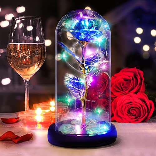 DASIAUTOEM - Rosa artificiale sotto campagna di vetro, di seta, con illuminazione LED, base in legno, modello “la bella e la bestia”, regalo romantico adatto per la festa della mamma, anniversario di