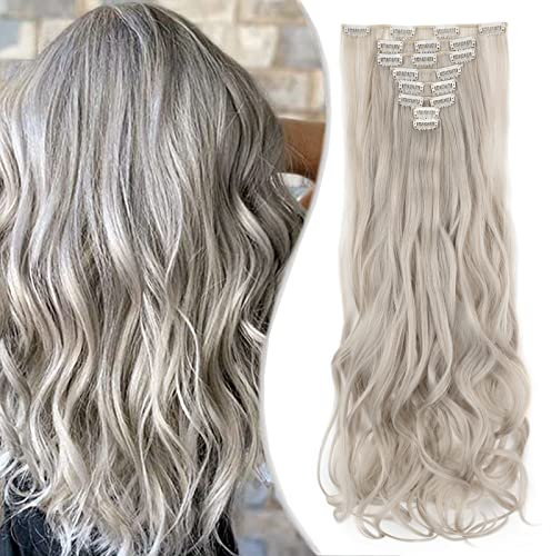 SEGO Clip in Extensions 8 Teile Set 18 Clips Haarverlängerung 60cm Haarteil Synthetische Gewellt Naturliche Aschblond Mix Silbergrau
