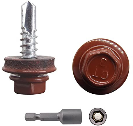 Marcopol Lot de 300 vis de toiture en métal, 4,8 x 19 mm, vis auto-foreuses avec rondelles EPDM, tête de rondelle hexagonale peinte, vis à tôle (300), Rouge (RAL 3009)