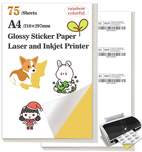 Selbstklebende Universal-Etiketten, 75 Blatt, 210 x 297 mm, glänzendes Papier für Drucker, Klebepapier, A4, Etikettendrucker, bedruckbar für Bürobedarf, Laser- und Tintenstrahldrucker