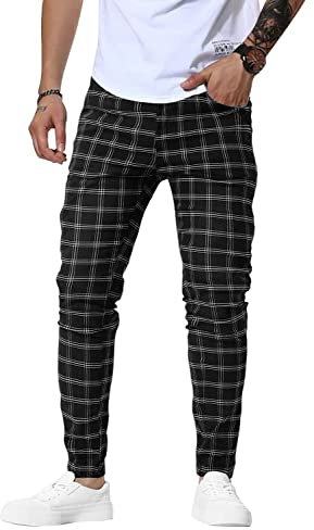 Woenzaia Pantalon chino skinny à carreaux pour homme Coupe ajustée, Noir/carreaux, 52