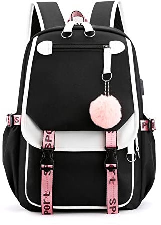 FANDARE Schulrucksack Mädchen Schulranzen Jungen Schultasche mit USB-Ladeanschluss Teenager Daypacks für Damen Universität Reisen Ergonomischer Kinder Schultasche mit Haarballen-Anhänger Schwarz