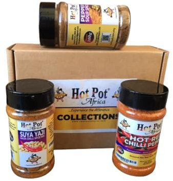 Hot Pot Africa Spice Set- BBQ Gift Box| 3 Unique Pepper Spice Gift Set Box - Suya BBQ Spice Rub | Hot Red Chilli Seasoning | Pepper Soup Spice Mix for cooking | Food Cooking Gifts| Natural Ingredients