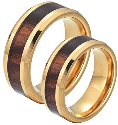 AMDXD Eheringe Vintage, 8mm Wolfram Verlobungs Ringe Frauen Gold mit Holz Ehering Mann, 2Pcs, Frauen 57 (18.1) & Männer 60 (19.1)