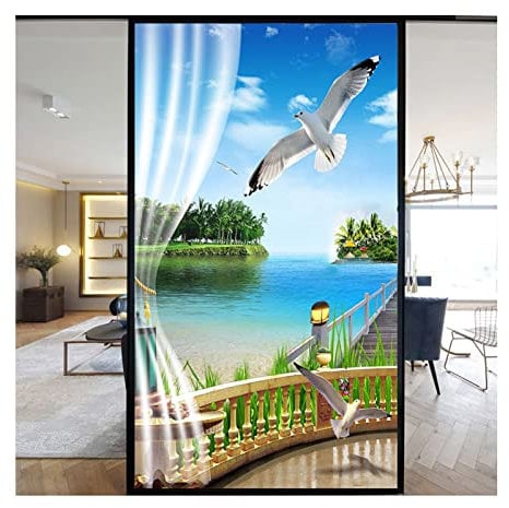 Siunwdiy Fensterfolie Blau Strand Milchglasfolie Sichtschutzfolie Statische Fensterfolie Selbsthaftend UV Schutz & Sonnenschutz Blickdichte Fensterfolie Für Bad Küche Wohnzimmer Büro,50X120CM