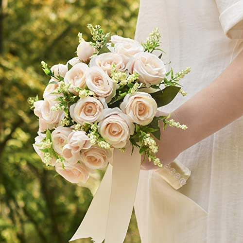 ANNKIN Hochzeitssträuße für Braut, Brautjungfer, 20 cm, Champagner, Braut, Brautstrauß, rustikaler Blumenstrauß, künstliche Rosen für Hochzeit, Kirche, Heimdekoration (1 x Champagnerstrauß)