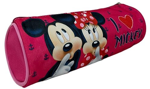 CARTOON Estuche escolar redondo Tombolino para la escuela, papelería, organizador de bolígrafos, lápices, colores, Rosa, 22 x 8 x 8 cm, Minnie y Mickey