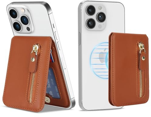 Havaya Compatible avec Magsafe Portefeuilles Cuir et Porte-Cartes avec zippé magnétique iPhone 16/15/14/13/12 série pour Magsafe Wallet - Marron