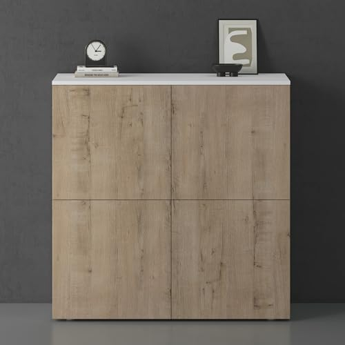 doporro Sideboard Kommode 100 cm in Matt Weiß und Eiche Greige Aufbewahrungsschrank Bodenstehend für Ihren Wohnbereich Viel Stauraum Schrank 04