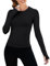 IECCP T-Shirt Damen Sport Laufshirts Yoga Crop Top Langarm Sportshirt Leicht Fitness Workout Gym Oberteil mit Daumenloch Schwarz XL