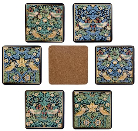PracticDomus Lot de 6 sous-Verres au Design Haut de Gamme pour Verres, Tasses ou Bougies sur Votre Table avec Base en liège. Carré de 10 cm. Édition (William Morris)