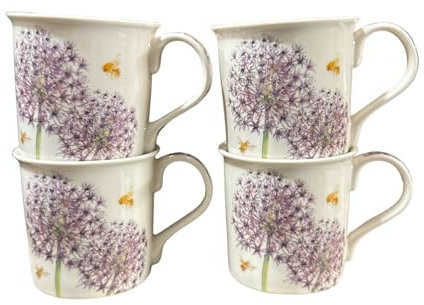Set of 4 Floral Mugs Set 330ml Fine China Coffee Tea Cups Home (Alliums)