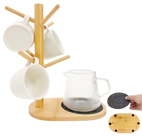 SNAIL GARDEN Porte-tasses avec 6 crochets, arbre à tasses à café avec grande base en bois, support de tasse à café avec tampon rond amovible en feutre, support de tasse pour cuisine, salon, chambre à
