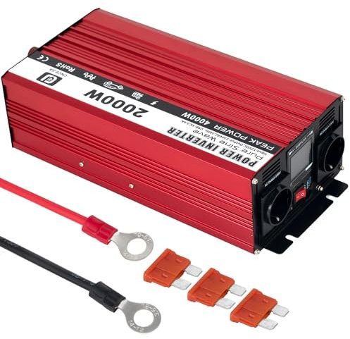 CNCEJIA 2000W Wechselrichter 12v auf 230v Spannungswandler Reiner Sinus Wechselrichter mit USB Anschlüsse und LCD Bildschirm für Haushaltsgeräte Auto Wohnmobil