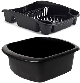 VR7 - Large Washing Up Bowl and Drainer Set - Durable Plastic Rectangular Washing up Bowls For Basin and Sink, Easy-to-Hold, High-Capacity Kitchen Dish Drainer Rack for Efficient Drying - Black