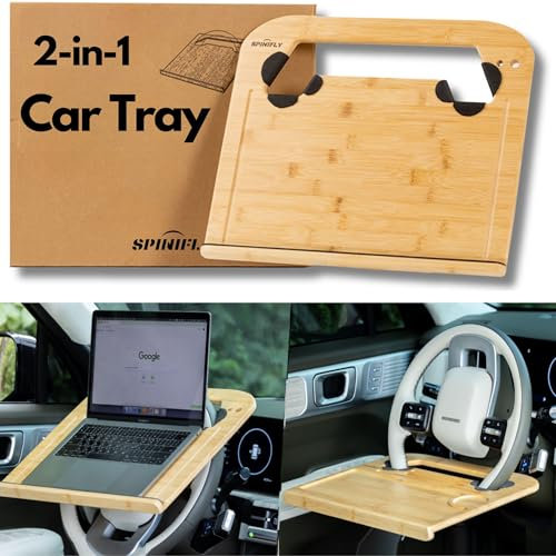 SPINIFLY 2-in-1 Car Steering Wheel Tray - Laptop Desk - Double Sided Car Table for Eating & Reading fits up to 17'' Laptop - for Work & Travel - Size 17x15 x 0.8 inches, Bamboo Design