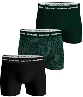 BJÖRN Borg Herren Boxershorts, 3er Pack - Cotton Stretch Boxer, Unterhose, Baumwolle, Logobund Schwarz/Dunkelgrün XL