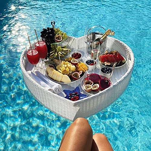 Floating Tray Pool Serving Buffet Bar Heart Shape Rattan Woven Stand with Handles | For Party Picnic Camping Drinks Salad Food | Floating Tray for Pool