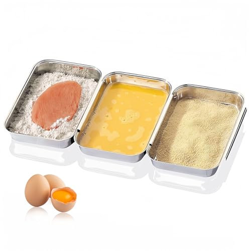 Set di 3 vaschette per il paniering, in acciaio inox, 3 pezzi, 21,8 x 15,5 x 3,1 cm, ciotola per impanare, ciotole rettangolari, 3 pezzi, per carne, verdure, cotolette di pesce