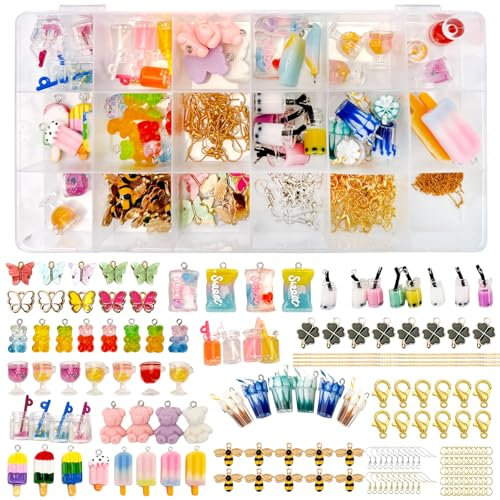 RANJIMA 245er Ohrringe Selber Machen Set, Bubble Tea Anhänger Bär Schmetterling Armband Schmuckherstellung Kit mit Aufbewahrungsbox Coole Sachen Charms Anhänger DIY Geschenk für Mädchen Weihnachtstag