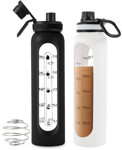 RhythmFit Glas-Shaker-Flasche, 1 l, BPA-frei, Mixer-Flasche mit 304SS-Ball und einziehbarer Reinigungsbürste für Proteinmischungen, Fitness, 2 Stück