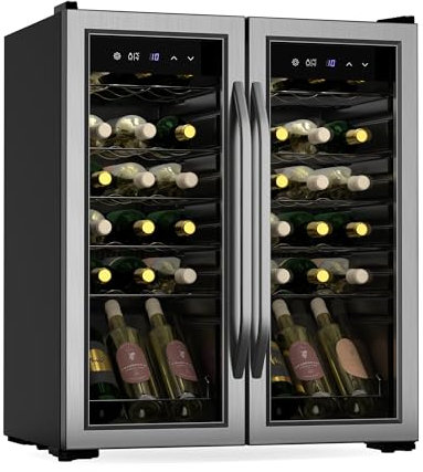 Klarstein Vinamour Weinkühlschrank 2 Zonen - 36 Flaschen, 5-18 °C, Touch-Steuerung, LED-Beleuchtung, Freistehend, UV-Schutz, Edelstahl Doppeltür