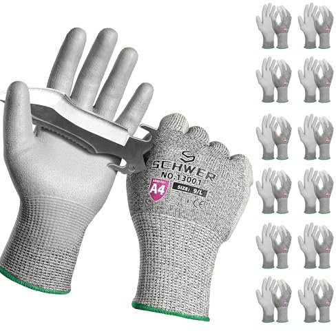 Schwer 12 Paar Schnittschutz Arbeitshandschuhe Level 4/D mit PU-Beschichtung, Rutschfeste & langlebige schnittschutzhandschuhe für Metallbearbeitung, Holzarbeit, Bauwesen,L