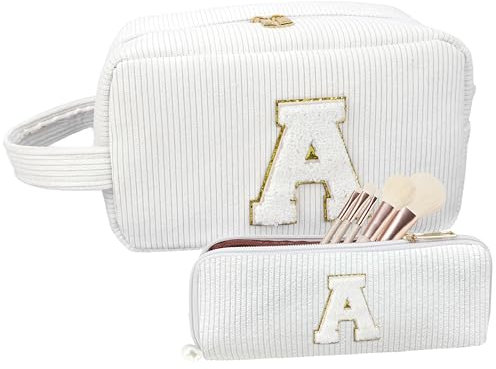 Trousse Maquillage Femme, 2 Pièces Trousse De Toilette Voyage, Pochette Maquillage, Grande Et Petite Makeup Bag, Pochette Tissu Zippée Fille Ado (Lettre : A, Blanc)