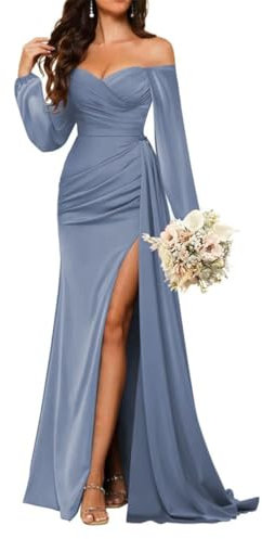 Women's Off Shoulder Satin Slit Bridesmaid Dresses Long Sleeve Backless Mermaid Prom Gown HLSA54 Dusty Blue UK12
