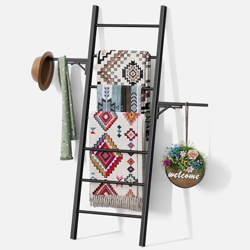 Metal Blanket Ladder, 7-Tier Towel Rack with Ajustable Side Rack, Blanket Rack Stand for Living Room, Bathroom, Quilt Display Ladder Shelf, Farmhouse Black