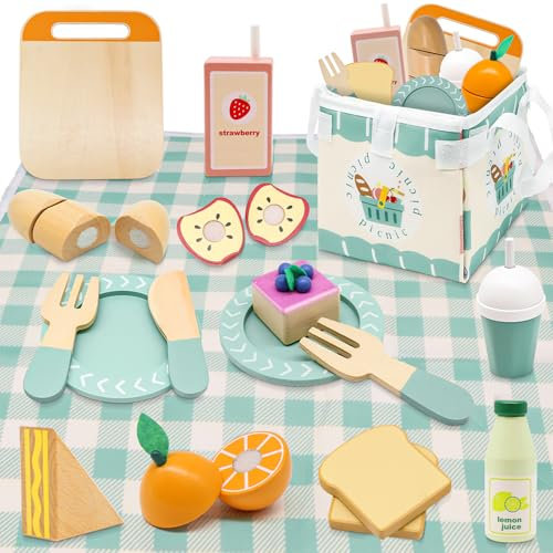 18PCS Kitchen Pretend Toy, Wooden Role Play Cutting Fruit Food Toy with Dessert, Juice, Foldable Picnic Basket, Educational Gift Toy for Kid Girl Boy Toddler Age 3 4 5 Outdoor Indoor