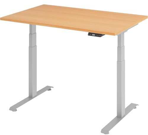 bümö höhenverstellbarer Schreibtisch 120 x 80 cm in Buche, Gestell Silber - Höhenverstellbar Elektrisch Stehpult mit 3-Fach Speicher, Computertisch, Ergonomischer Steh-Sitz Tisch, Bürotisch