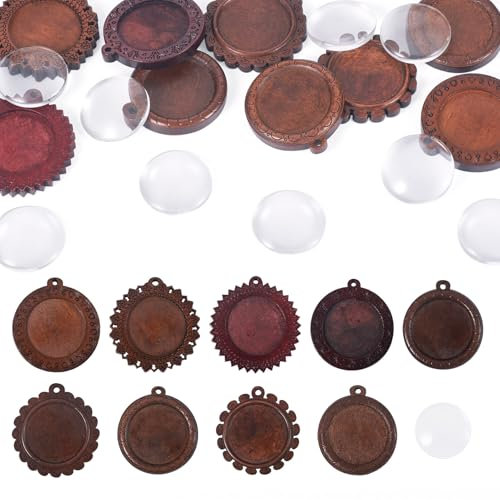 Craftdady 9 ciondoli rotondi piatti in legno con cabochon in vetro, ciondoli per foto, gioielli fai da te, kit per la creazione di collane vintage, portachiavi, artigianato, marrone cocco
