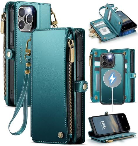 Defencase for iPhone 15 Pro Max Magnetic Wallet Case Compatible with Magsafe with RFID Blocking Zipper Strap Card Holder for Women, PU Leather Detachable Case for iPhone 15 Pro Max (6.7), Blue Green