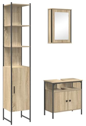 vidaXL Bathroom Furniture Set 3 pcs Sonoma oak 33 x 33 x 185.5 cm, Compact Bathroom Storage Unit, Rustic Mirror Cabinet, Functional Sink, Space Saving Wall-Mounted Washroom Furniture