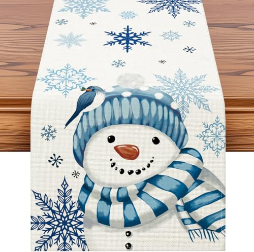 Artscope Schneeflocken und Blaue Schneemann Weihnachten Tischläufer, Saisonnal Winter Küche Tisch Dekoration Drinnen Urlaub Party Dekor 40x180 cm