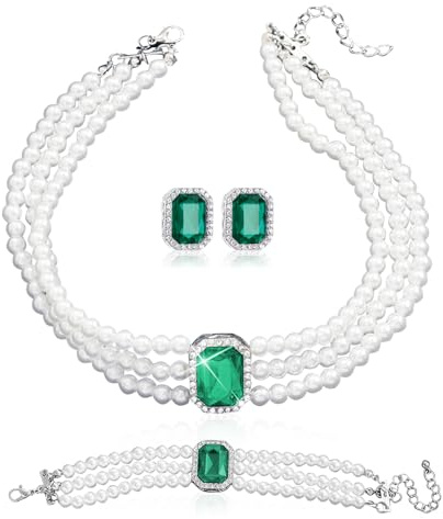 LjFrexia 3 Piezas de Joyas de Perlas para Mujer, Collar Choker de Cristal con Perlas, Pulsera y Pendientes, Joya Multifila con Colgante de Cristal, para Mujer, Novia, Dama de Honor