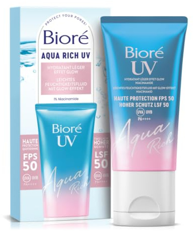 Bioré UV Aqua Rich Gesichtssonnenschutz LSF/SPF 50 - Leichtes Feuchtigkeitsfluid - Mit Glow-Effekt - Inhalt. 50 ml - Mit 1% Niacinamide - Nicht fettend