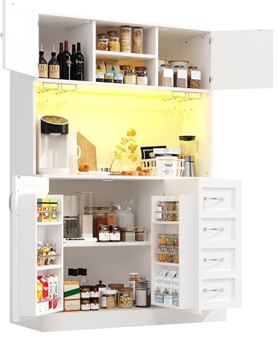 Merax Kitchen Cupboard Tall Storage Cabinet larder Cupboard pantry Cupboard, with 4 Doors & 2 Drawers&LED Lighting&Snack Rack&Glass Holder, White/120 * 40 * 188cm(L x W x H)
