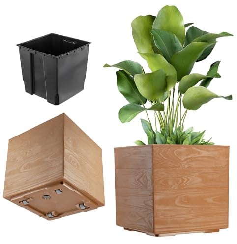 KADAX Fioriera su rotelle, 39 x 40 cm, grande fioriera in plastica effetto legno, vaso quadrato con inserto per interni ed esterni (marrone)