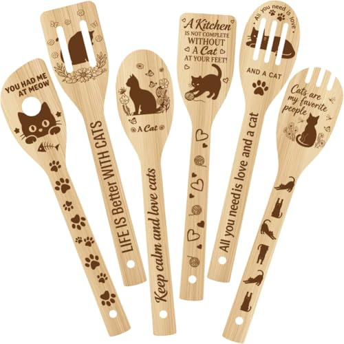PRESSINART 6 Piezas 6 Estilos Utensilios de Cocina Tema Gato para Cocina 2.4 x 11.8 PulgadasJuegos de Cucharas de Cocina de Bambú Lindas Y DuraderasEspátula de Madera para la CocinaRegalo de Inaugurac