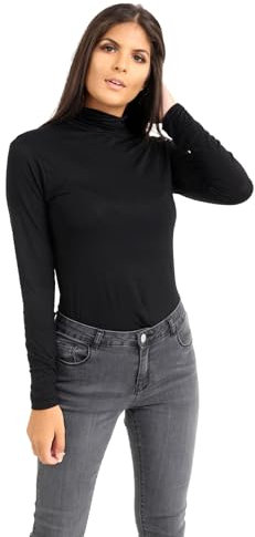 Janisramone® Women's Polo Shirt - Long Sleeve Turtle Neck Top, Stretchy Roll Neck T-Shirt, UK Sizes 8-26, Black