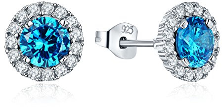JO WISDOM Ohrstecker Hellblau Aquamarin Silber 925 Damen Runde Ohrringe Stecker mit 3A Zirkonia März Geburtsstein,Schmuck für Frauen
