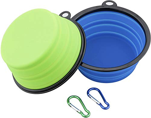 Ewolee Lot de 2 Gamelles Pliables pour Chien en Silicone avec Mousqueton, Chien Bol Portable à Eau ou Alimentaire pour Moyen à Grands Chiens, Gamelle Chien Voyage Grand Taille 17.5 CM Bleu et Vert