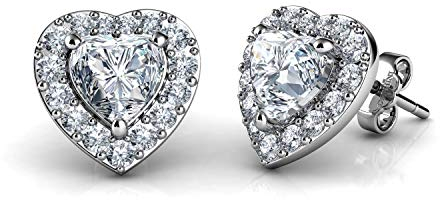 DEPHINI - Weiße Herz Ohrringe - 925 Sterling Silber - Feiner Schmuck Ohrstecker für Frauen - Rhodiniertes Silber - Zirkonia, Kristall, Zirkonia
